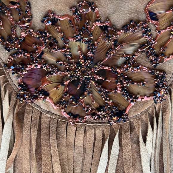 Vintage Brown Tan Suede Fringe Shawl Western Collar Floral Beading Festival - Picture 2 of 7